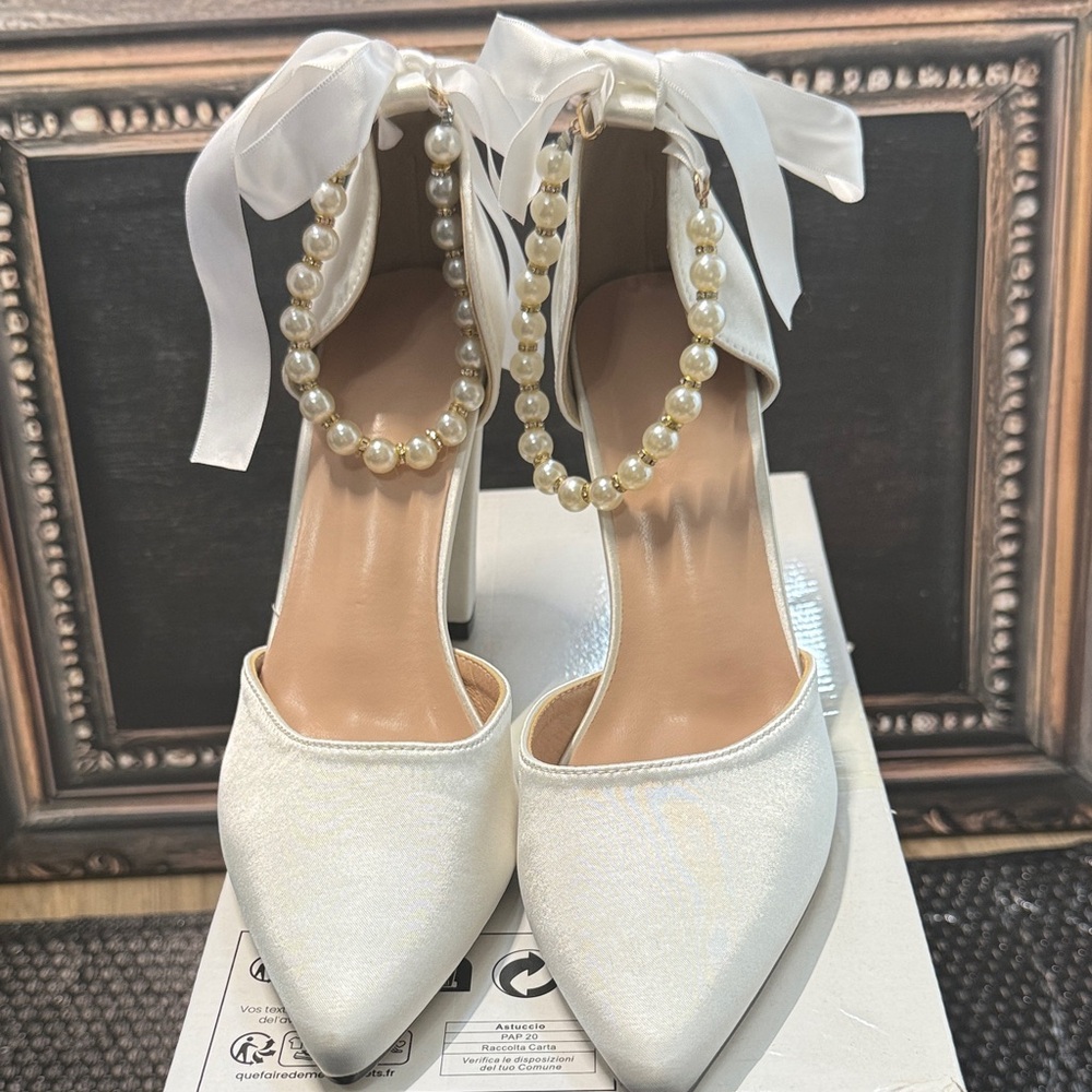 Elegant White Satin Women's Heels with Pearl Ankle Strap